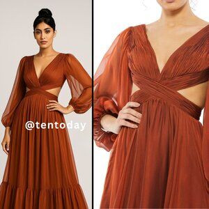 Mac Duggal Size 4 Copper Chiffon Corset Lace Up Back Long Sleeve Maxi Dress Gown